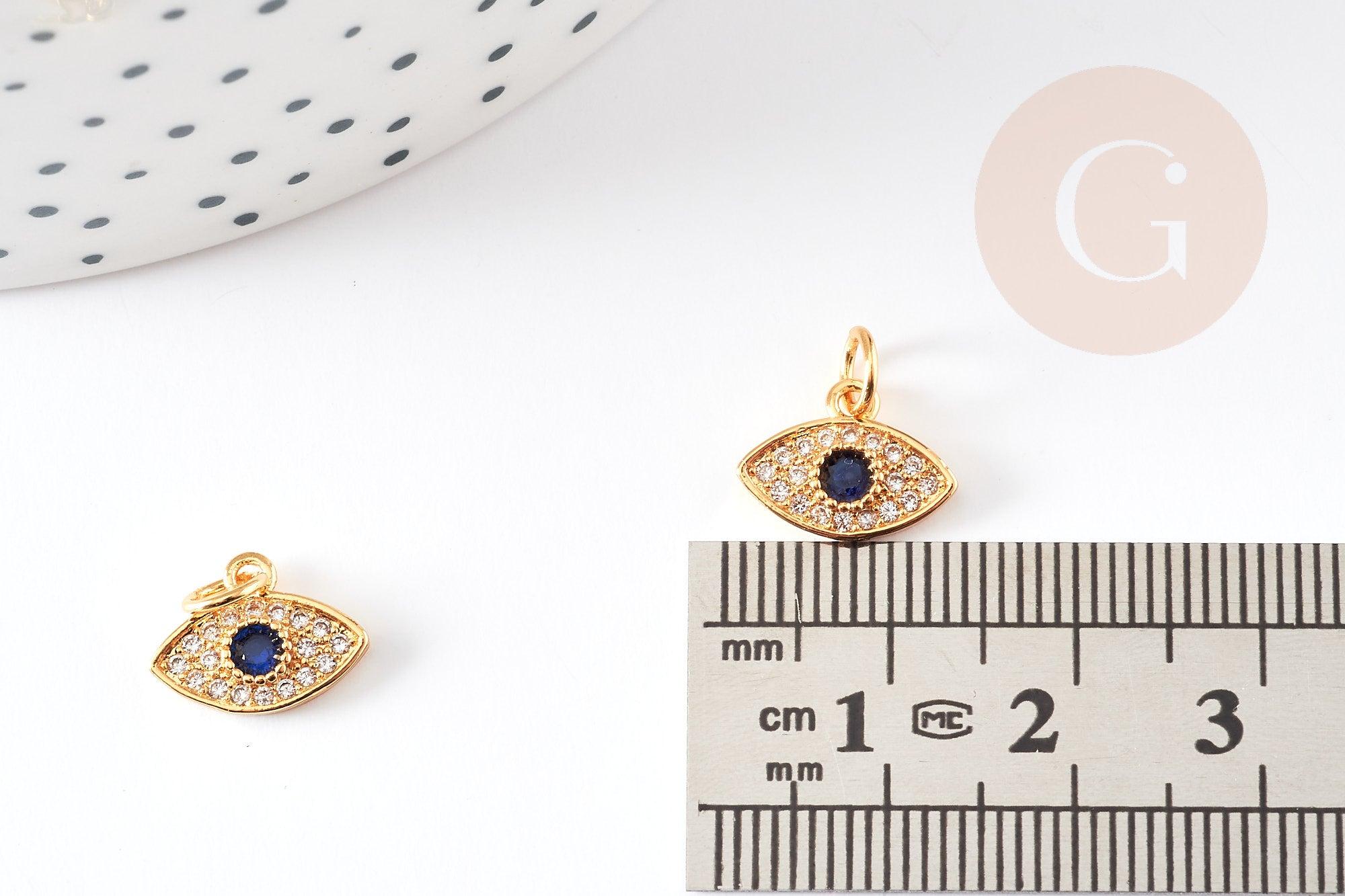 Pendentif oeil doré cristal zircon, pendentif doré, porte-bonheur,laiton doré,mauvais oeil,création bijoux,12mm, x1 G0687