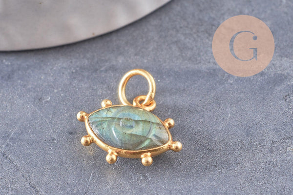 Pendentif oeil labradorite naturelle argent 925 doré 18K 15mm, pendentif amulette pierre naturelle x1 (G9866)
