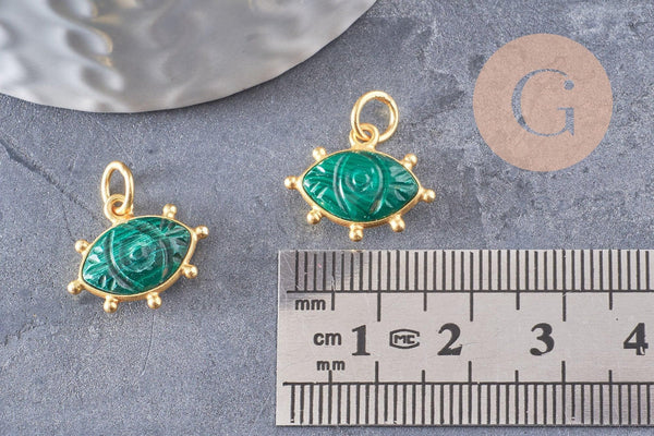 Pendentif oeil malachite naturelle argent 925 doré 18K 15mm, pendentif amulette pierre naturelle x1 (G9865)