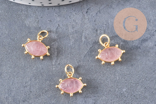 Pendentif oeil quartz rose naturel argent 925 doré 18K 15mm, x1 (G10849)