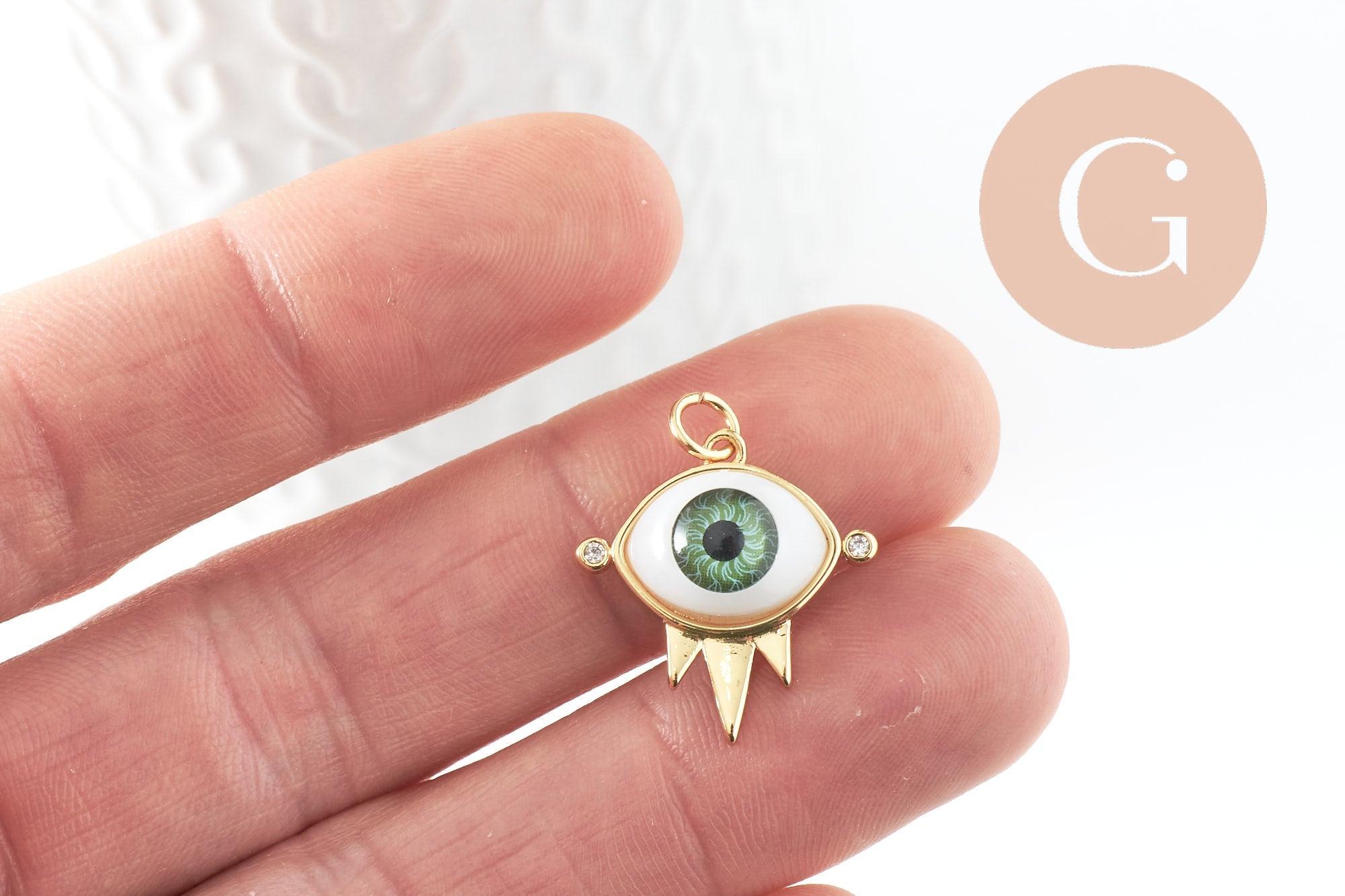 Pendentif oeil résine laiton doré 20K 21mm, x1 (G6198)