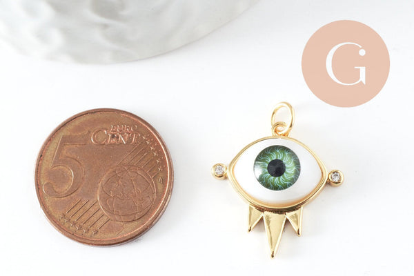 Pendentif oeil résine laiton doré 20K, création bijou doré laiton doré, bijou oeil, 21mm, x1 (G6198)