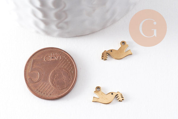 Pendentif oiseau Colombe acier 201 inoxydable doré 12mm, x1 (G10005)
