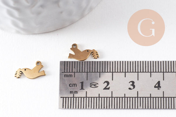 Pendentif oiseau Colombe acier 201 inoxydable doré 12mm, x1 (G10005)