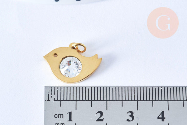 Pendentif oiseau acier 201 inoxydable doré 18K zircon 14mm,acier inoxydable doré pour création bijoux, x1 (G6647)