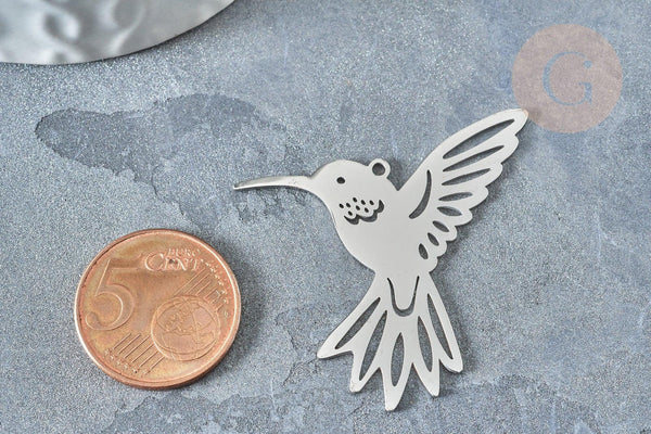 Pendentif oiseau colibri argenté acier inoxydable 39.5mm, x1 (G7668)