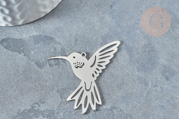Pendentif oiseau colibri argenté acier inoxydable 39.5mm, x1 (G7668)