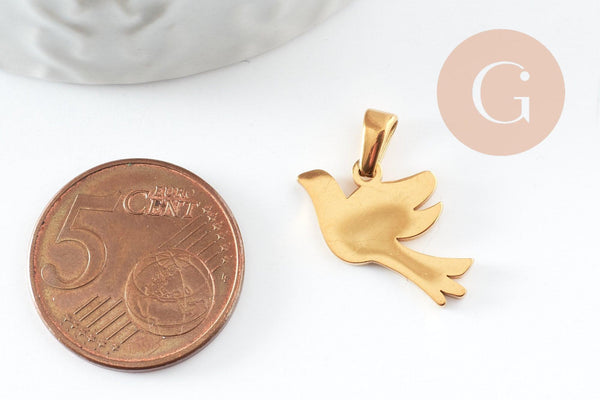Pendentif oiseau colombe acier 304 inoxydable doré PVD 16.5mm, x1 (G9577)