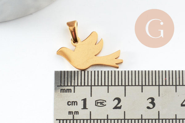 Pendentif oiseau colombe acier 304 inoxydable doré PVD 16.5mm, x1 (G9577)
