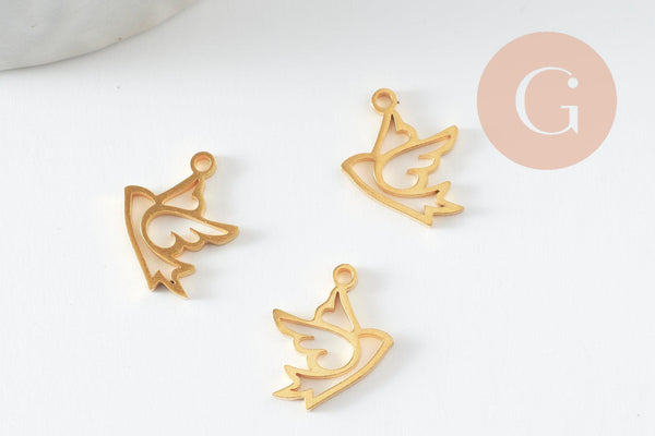 Pendentif oiseau colombe évidé acier 304 inoxydable doré 14mm, x1 (G9578)