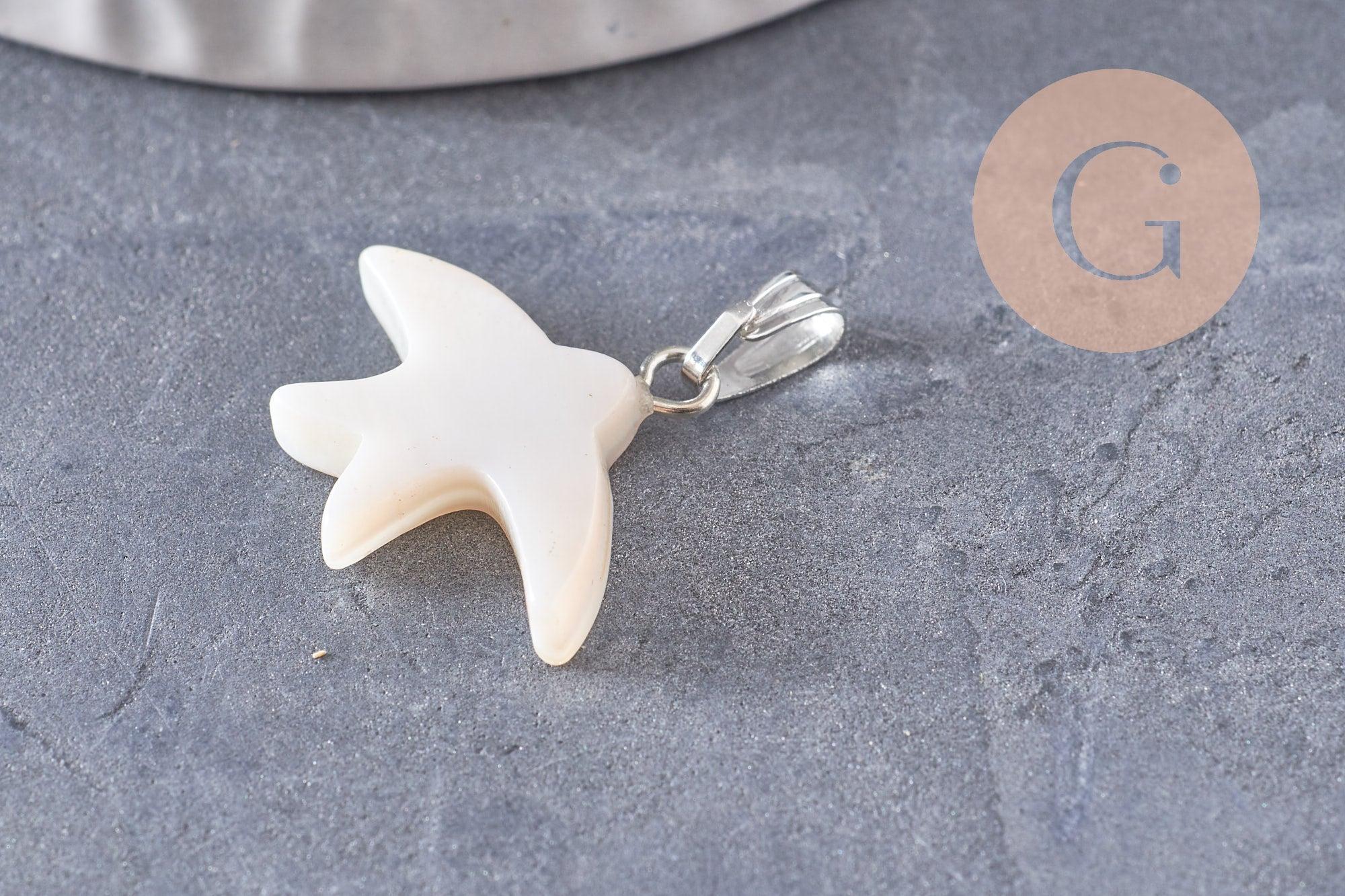 Pendentif oiseau hirondelle nacre blanche naturelle laiton platine 21.5mm, création bijoux coquillage blanc, x1 (G9913)