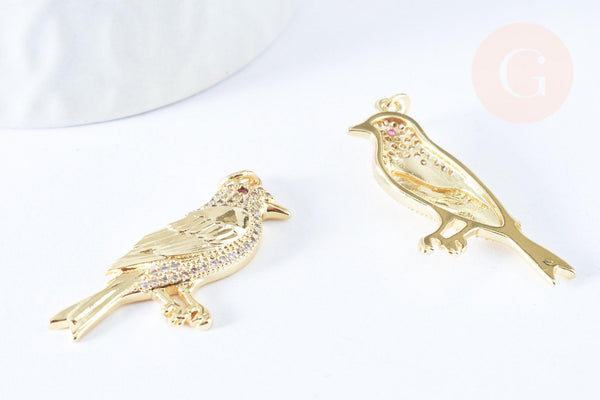 Pendentif oiseau laiton doré 16k cristal 36mm x1 (G6675)