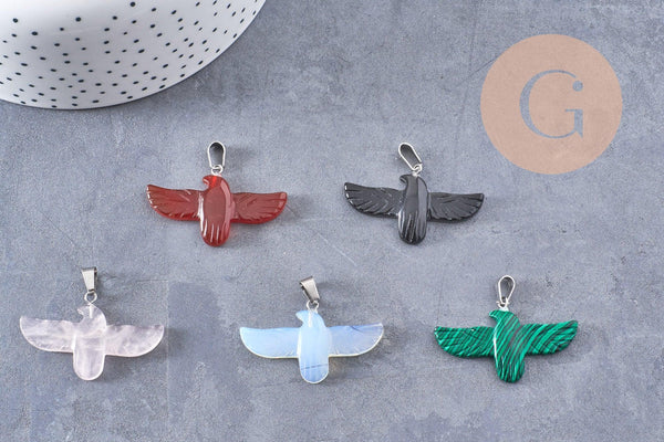 Pendentif oiseau pierre fer platine 40mm, x1 (G9834)