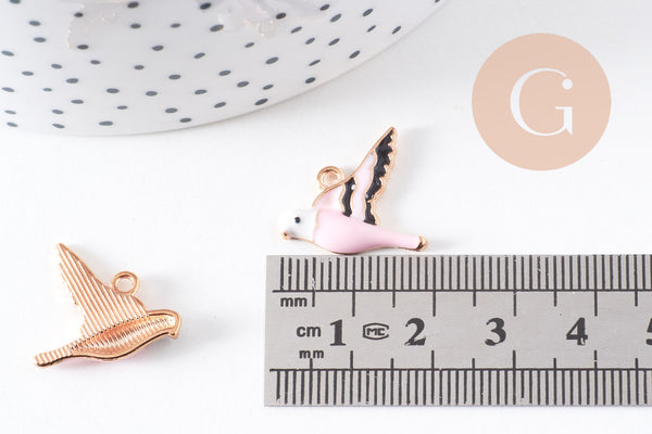 Pendentif oiseau rose laiton doré émail rose 17mm,pendentif animal coloré pour création bijoux DIY, x1 (G6989)