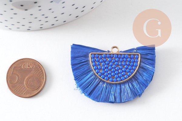 Pendentif osier raphia bleu naturel, perle bois,perle osier, Perles géométriques,47mm, x 2 (G3521)