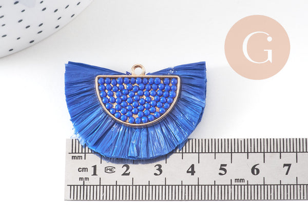 Pendentif osier raphia bleu naturel, perle bois,perle osier, Perles géométriques,47mm, x 2 (G3521)