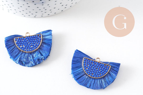 Pendentif osier raphia bleu naturel, perle bois,perle osier, Perles géométriques,47mm, x 2 (G3521)