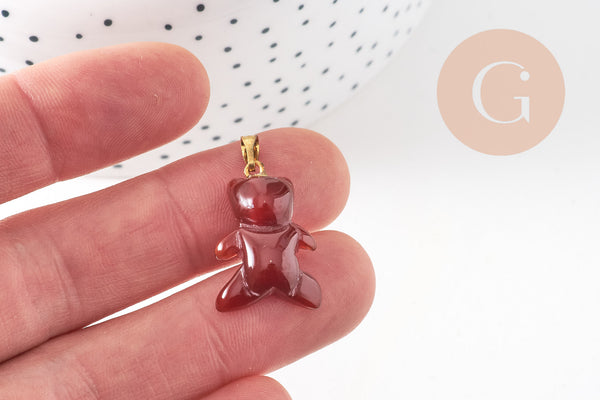Pendentif ourson agate orange naturel support doré 24mm, création bijoux en pierre naturelle, x1 ( G5702)