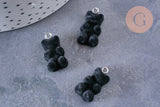 Pendentif ourson floqué velours noir résine platine, pendentif enfance, x2 (G6644)