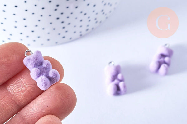 Pendentif ourson floqué velours violet résine platine 22mm, pendentif enfance régressif, x2 (G6901)