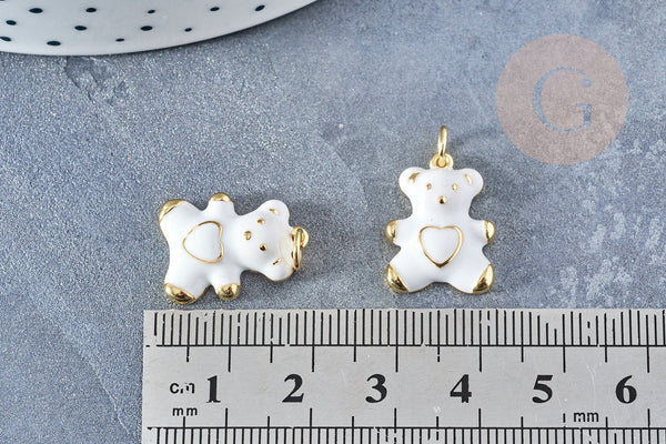 Pendentif ourson laiton doré 16K résine blanche 18mm, pendentif laiton , bijou d'enfance,x1 G8555