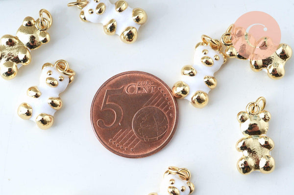 Pendentif ourson laiton doré 18K résine blanche 17.5mm, pendentif laiton jouet, x1 G6002