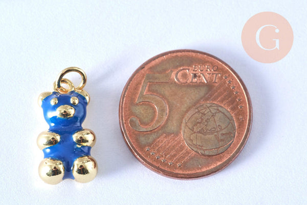 Pendentif ourson laiton doré 18K résine bleue 17.5mm, bijou d'enfance, x1 (G6641)