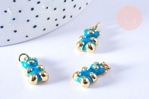 Pendentif ourson laiton doré 18K résine turquoise 17.5mm, pendentif laiton jouet ,x1 (G6642)
