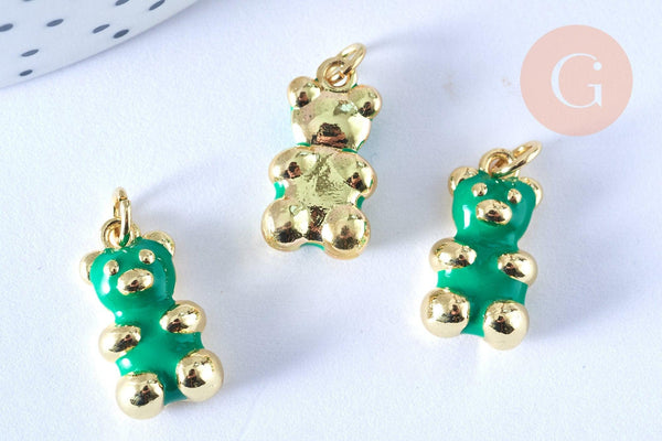 Pendentif ourson laiton doré 18K résine vert 17.5mm, pendentif laiton jouet, bijou d'enfance, x1 G6593
