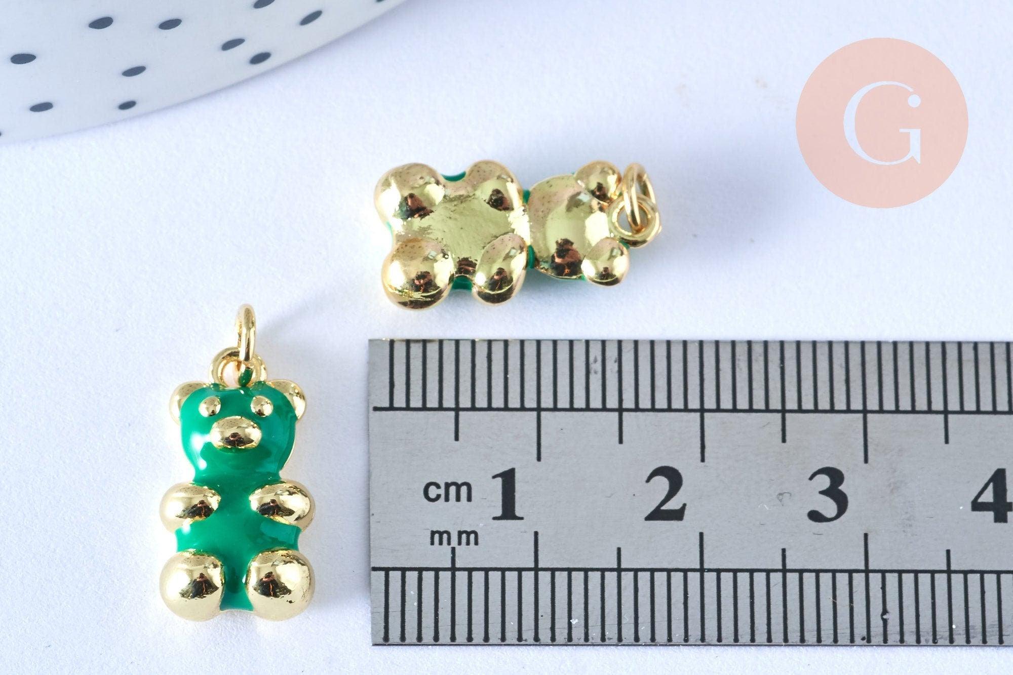 Pendentif ourson laiton doré 18K résine vert 17.5mm, pendentif laiton jouet, bijou d'enfance, x1 G6593