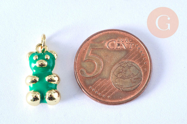 Pendentif ourson laiton doré 18K résine vert 17.5mm, pendentif laiton jouet, bijou d'enfance, x1 G6593