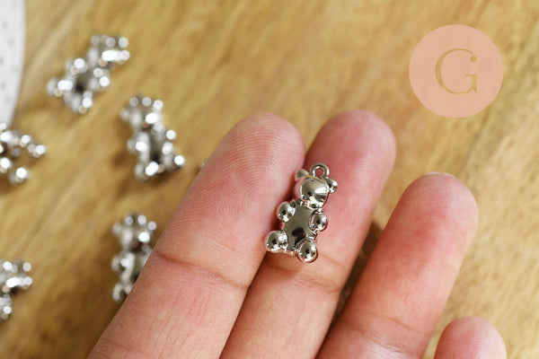 Pendentif ourson zamac argenté 18K 20mm, pendentif laiton jouet, bijou d'enfance, x1 (G6286)