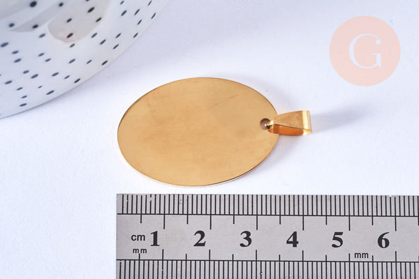 Pendentif ovale acier doré à graver 36mm, x1 (G6881)