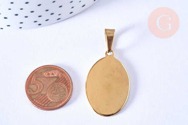 Pendentif ovale acier doré inoxydable 304 à graver 31mm, x1 (G6880)
