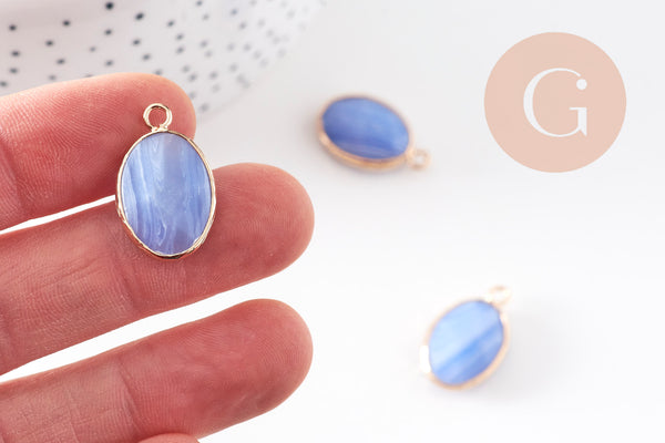 Pendentif ovale agate naturelle bleue laiton doré 23mm, x1 VALIDE