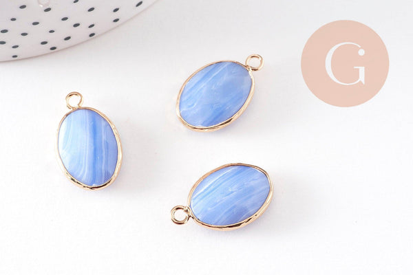 Pendentif ovale agate naturelle bleue laiton doré 23mm, x1 VALIDE