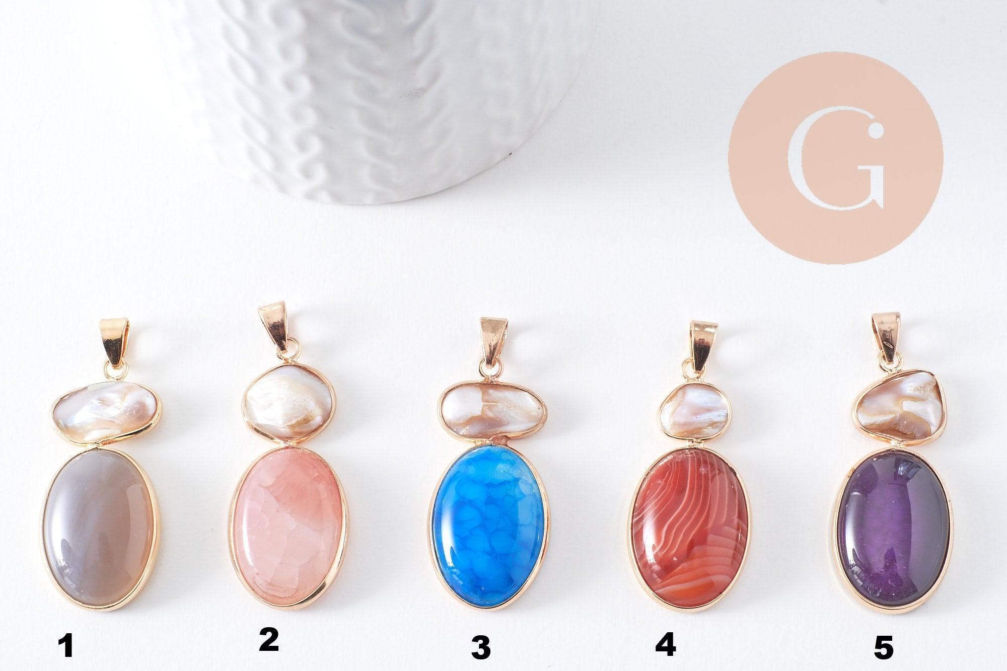 Pendentif ovale agate naturelle colorée et perle d'eau douce naturelle laiton doré 42-43mm, x1 (G10345)