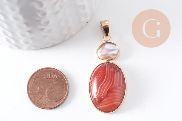 Pendentif ovale agate naturelle colorée et perle d'eau douce naturelle laiton doré 42-43mm, x1 (G10345)