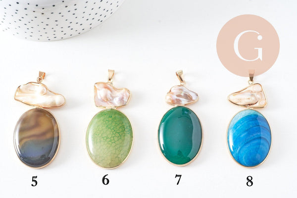Pendentif ovale agate naturelle colorée et perle nacre 62-63mm, x1 (G2038)