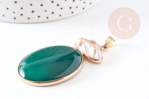 Pendentif ovale agate naturelle colorée et perle nacre 62-63mm, x1 (G2038)
