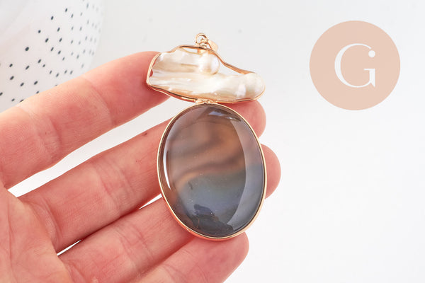 Pendentif ovale agate naturelle colorée et perle nacre 62-63mm, x1 (G2038)