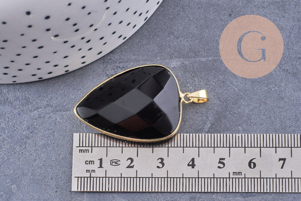 Pendentif ovale agate naturelle noire laiton doré 40mm, x1 (G2517)