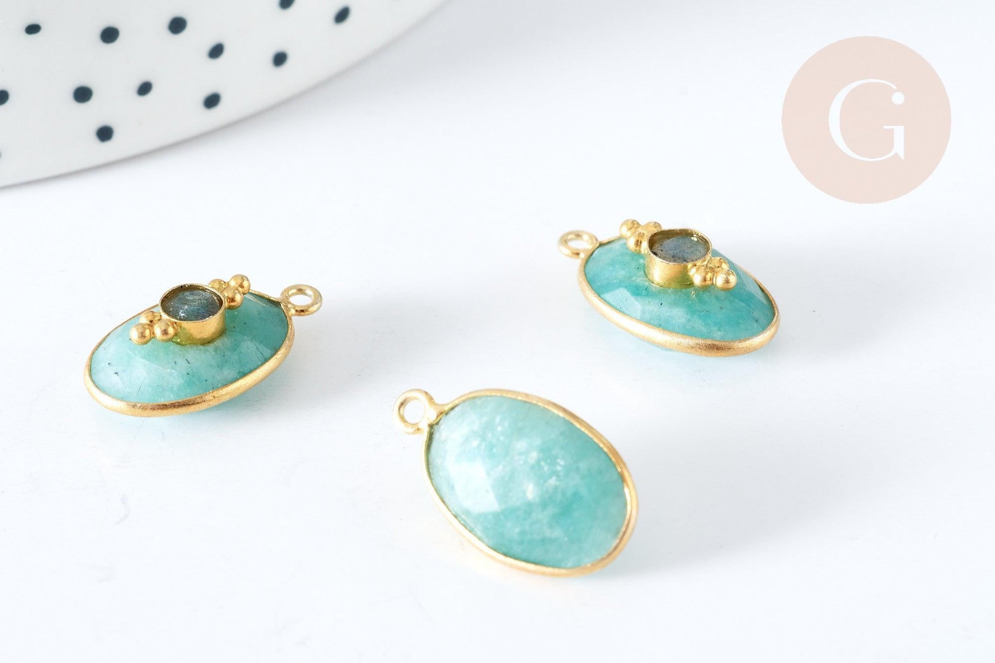 Pendentif ovale amulette amazonite naturelle argent 925 doré 18K 30mm, pendentif pierre naturelle, x1, G7717