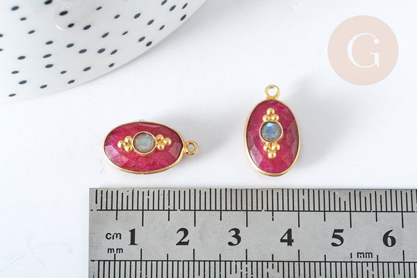 Pendentif ovale amulette rubis naturel argent 925 doré 18K 30mm, pendentif pierre naturelle, x1 G7716