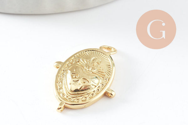 Pendentif ovale coeur ex-voto laiton doré avec 3 anneaux 18mm, x1 (G10017)