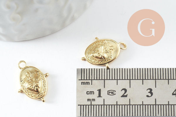 Pendentif ovale coeur ex-voto laiton doré avec 3 anneaux 18mm, x1 (G10017)