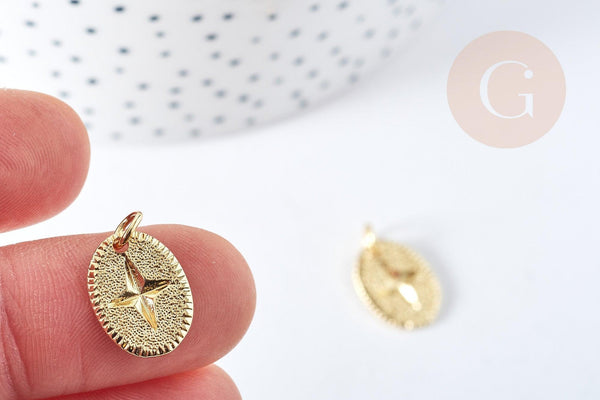 Pendentif ovale étoile doré laiton avec anneau de jonction 18.5mm, pendentif doré pour création bijoux DIY, x1 G8864