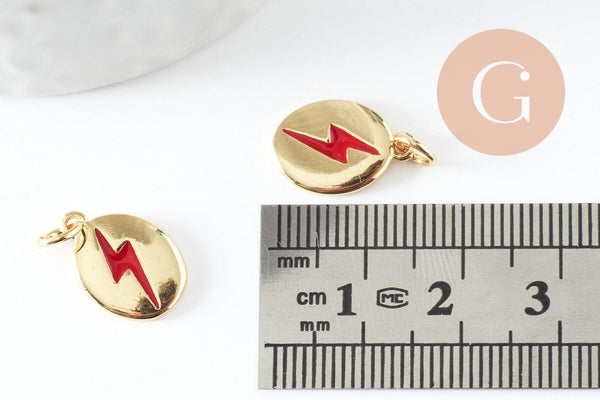 Pendentif ovale laiton doré éclair émail rouge 13.7mm,x1 (G4274)