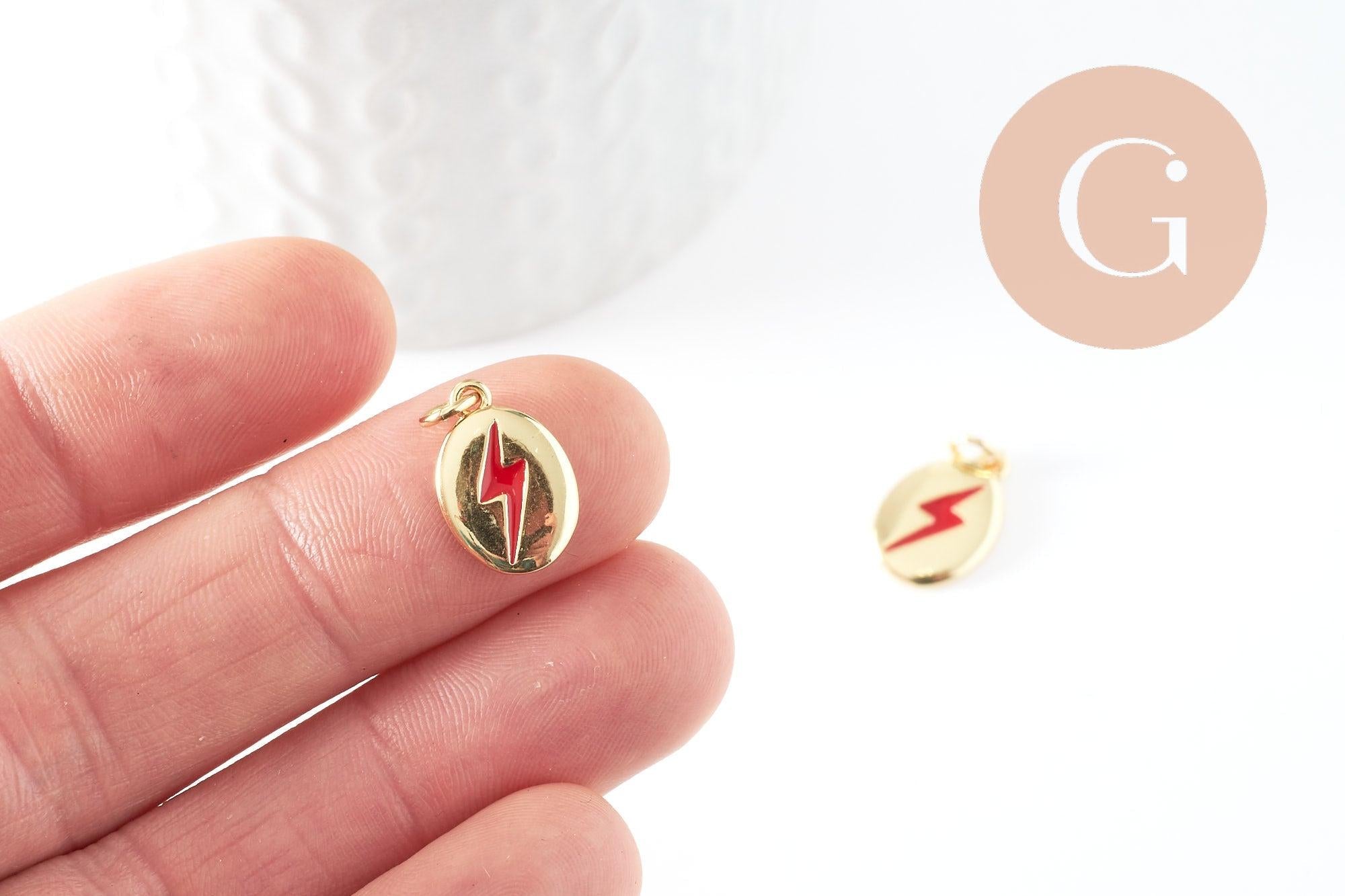 Pendentif ovale laiton doré éclair émail rouge 13.7mm,x1 (G4274)