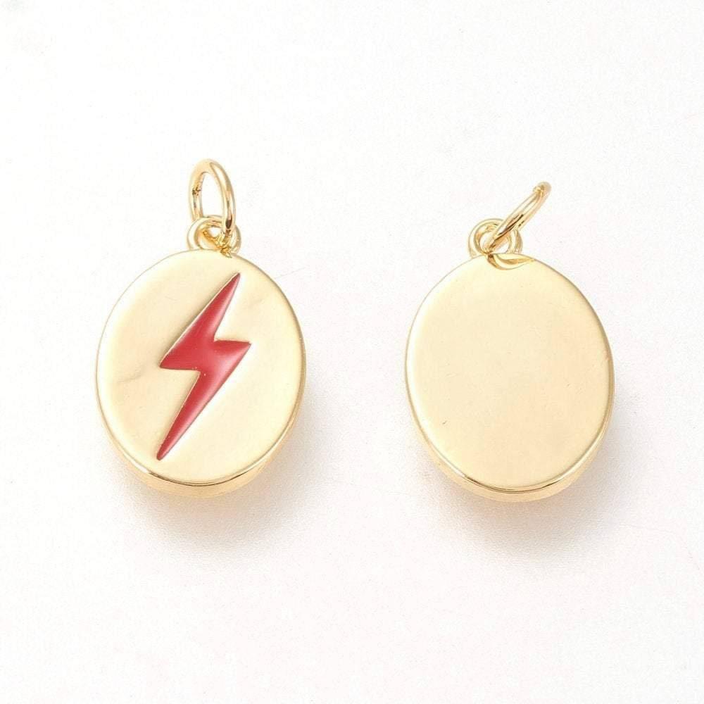 Pendentif ovale laiton doré éclair émail rouge 13.7mm,x1 (G4274)